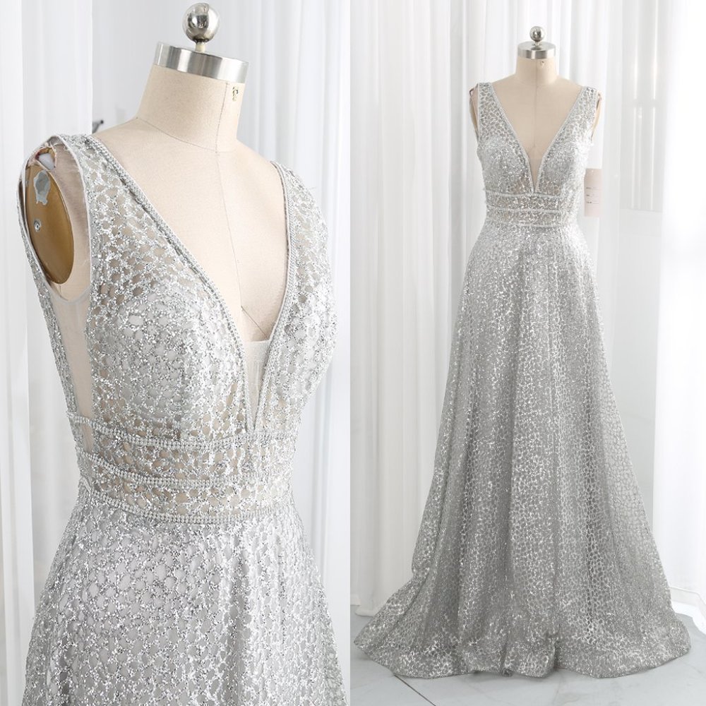 Fiesta Fashion V Neck Sequin Silver Prom Dress Formal Evening Gown